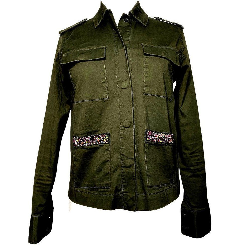 A  New Day Snap Front Military Style Jacket Sz S Beaded Pocket Trim Army Green